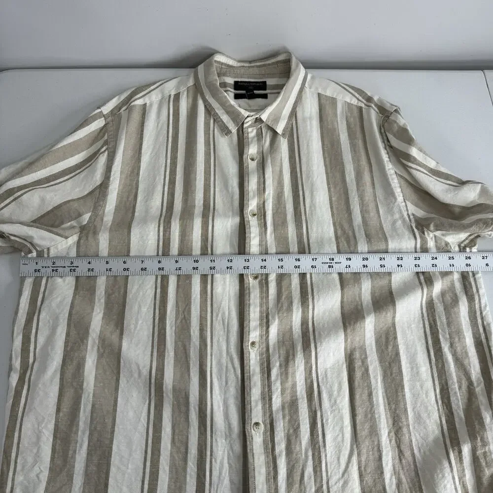 Banana Republic Mens Shirt XXL Tan Linen Blend Striped Slim Fit Old Money Preppy